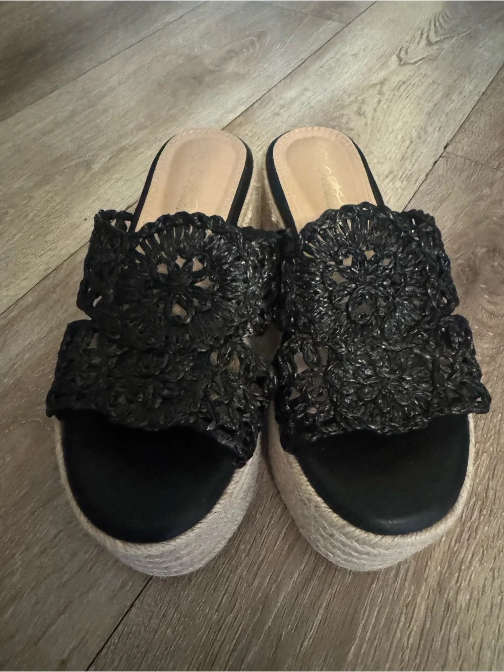 Woven Crochet Slide Wedge Sandals - Black